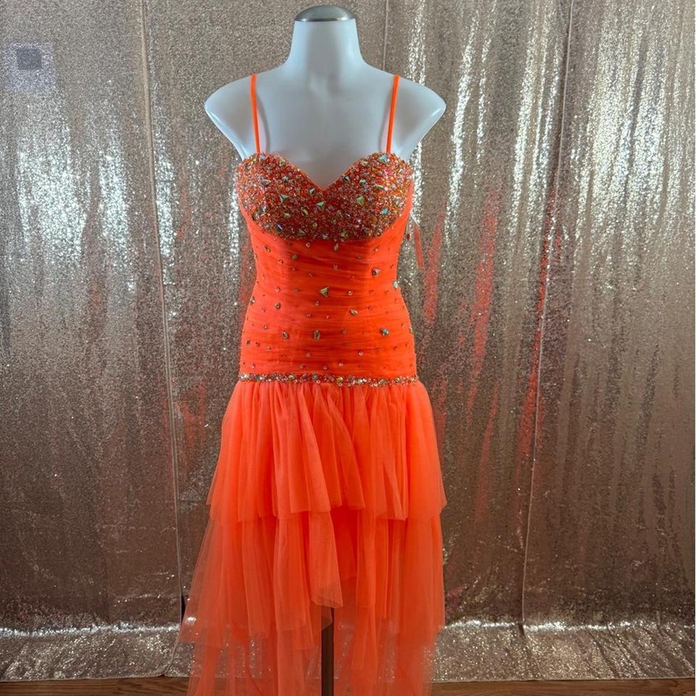 NWT Orange Beaded Tulle High-Low Dress Rhinestone Corset Back/Sizes XS-2XL